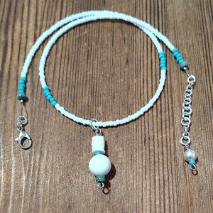 Turquoise Blue and  White Beaded Ladies Necklace, Handmade Ladies Necklace